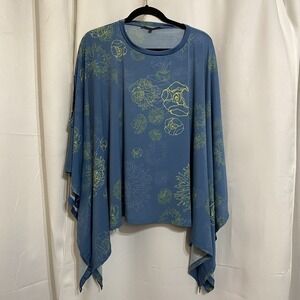 Ari South Aloha Hawaiian Floral Women's Blouse Top Pullover M/L Blue & Yellow